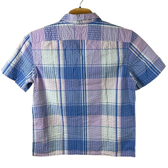 Levis Mens Purple‎ Blue Plaid Seersucker Short Sleeve Button Up Shirt Large - Picture 2 of 5